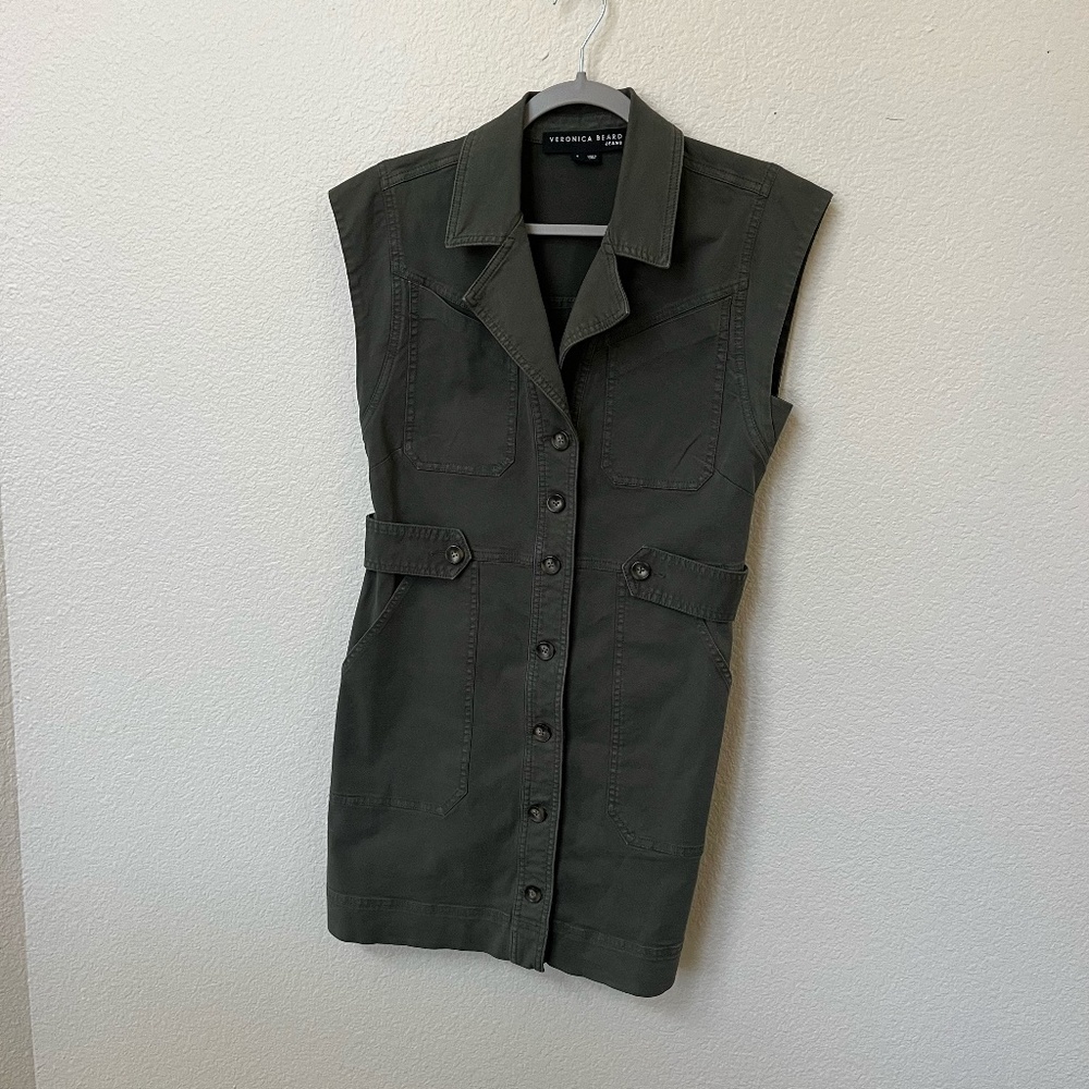 VERONICA BEARD | Cotton-Blend Twill Button Mini Dress in Army Green | Size 6 - Picture 3 of 13
